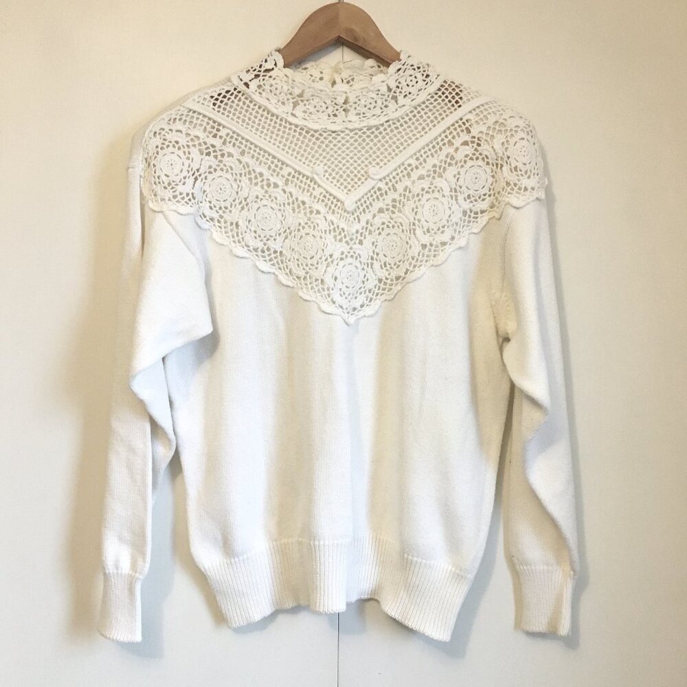 Vtg 90s Jessica 100% Cotton Crochet Lace Mock Neck Balloon Sleeve Sweater 38 M